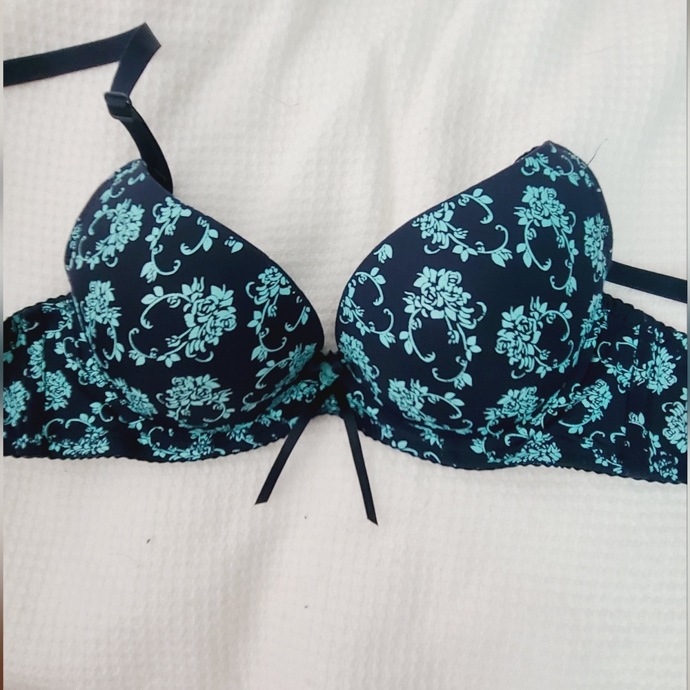 Rose print blue push-up bra